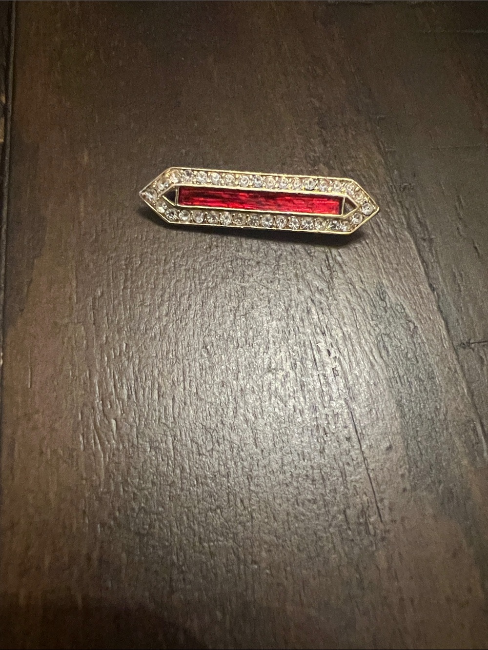 Gold-Tone Bar Brooch with Red Center and Clear Stones